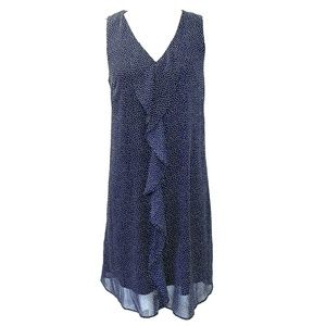 Gru Womens Shift Dress Size Med Blue White Polka Dot Sleeveless Ruffle V Neck